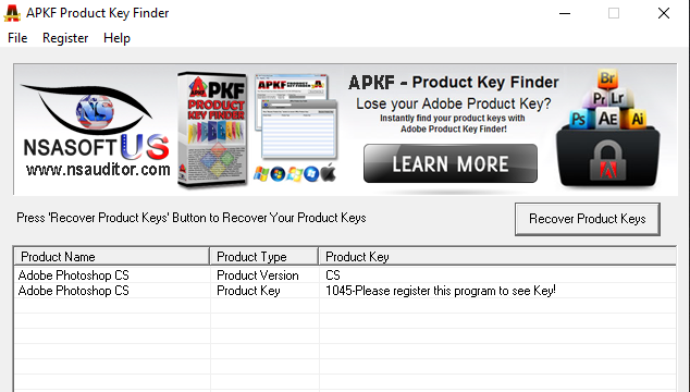 APKF Adobe Product Key Finder for Windows 10 Screenshot 1